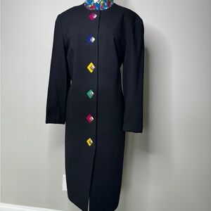 Vtg. Howard Wolf ’80s Black Dress with Colorful Buttons and Neck Scarf Feminine